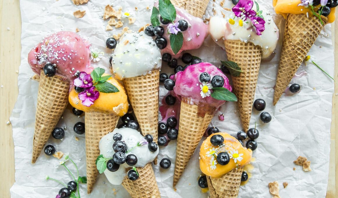 coned ice cream with blueberries and flowers
